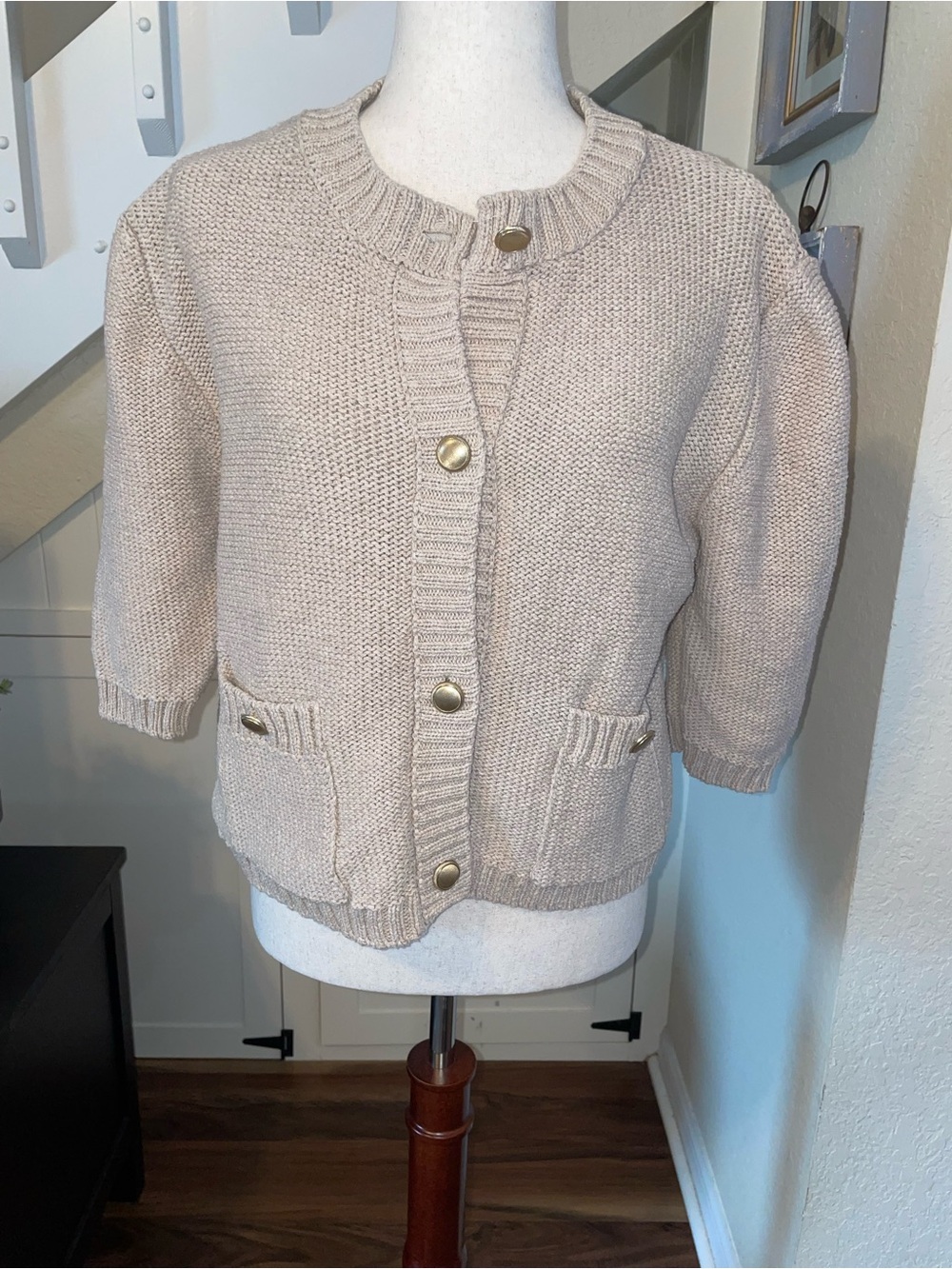 Zara Neutral Beige Chunky Knit Cardigan Gold Buttons Size XL